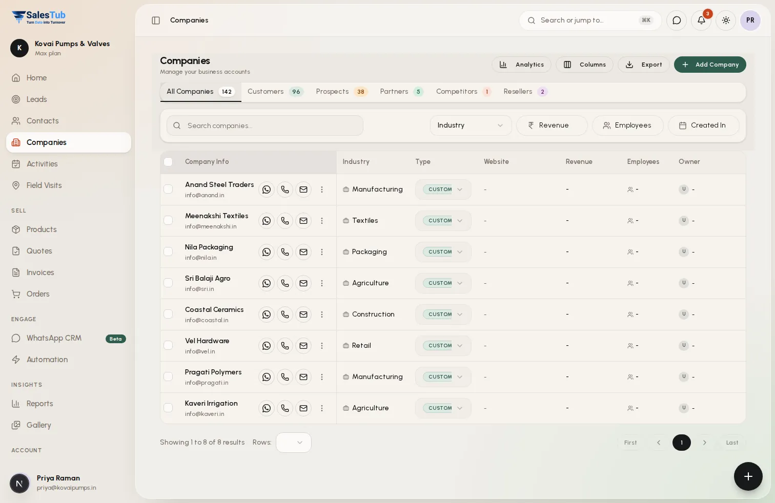 Company accounts list in SalesTub CRM with industry, type and linked contacts for each organisation