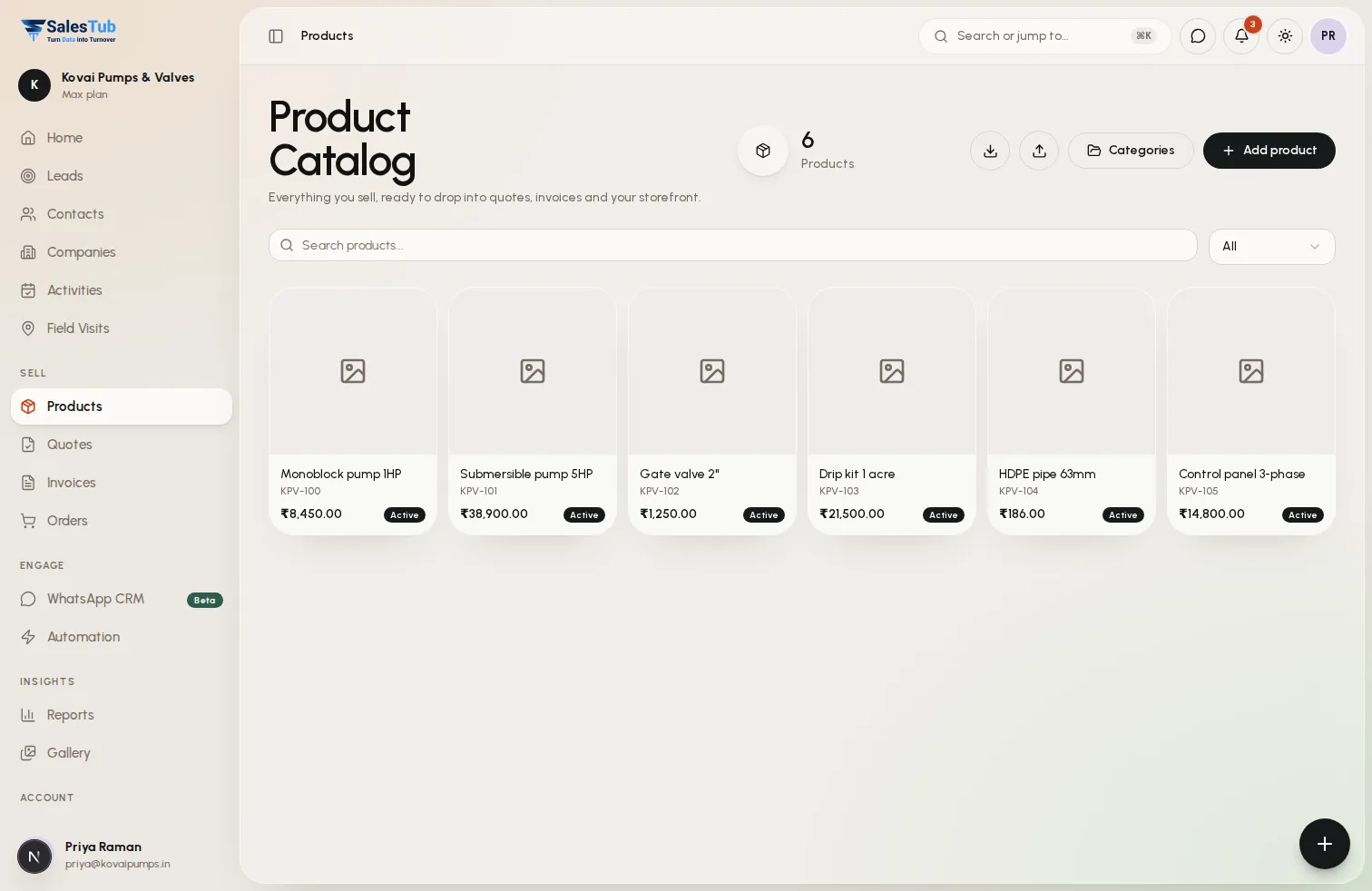 Product catalog in SalesTub CRM listing products with SKU, price and category for quotes and invoices