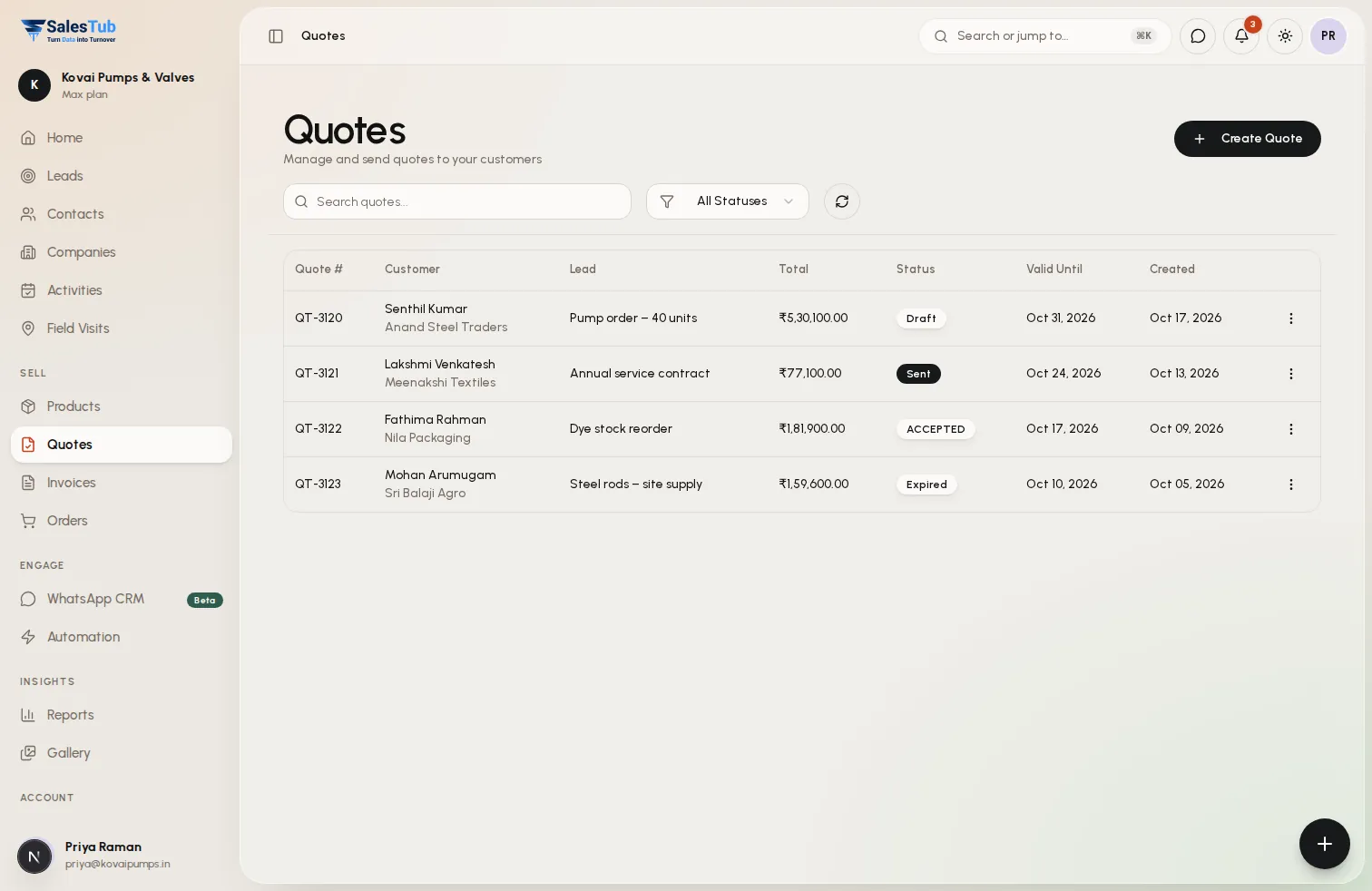 Quotes list in SalesTub CRM tracking draft, sent, viewed and accepted quotations for each lead