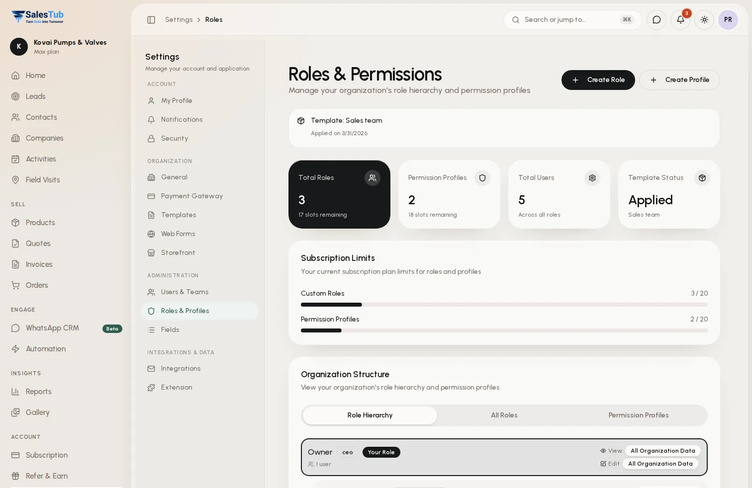 Roles and permissions settings in SalesTub CRM with custom roles, subscription limits and the organisation hierarchy