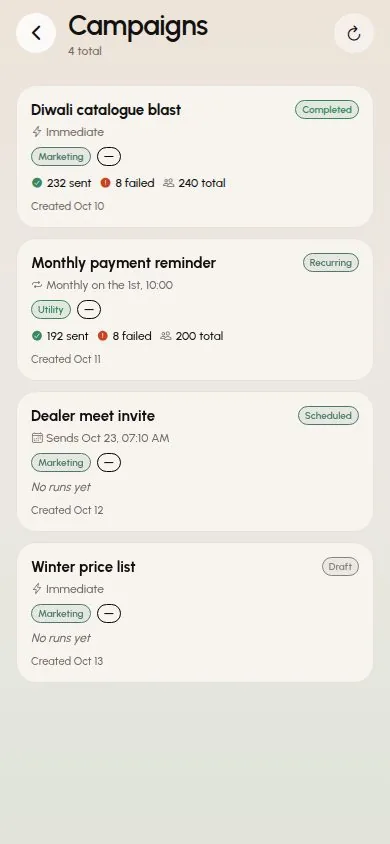 WhatsApp campaigns in the SalesTub mobile CRM app with sent, failed and scheduled runs