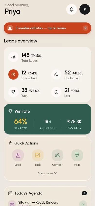 SalesTub mobile CRM app home screen with leads overview, win rate, quick actions and today's agenda