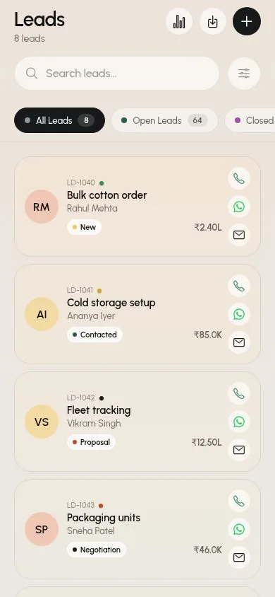 Leads list in the SalesTub mobile CRM app with stage, value and one-tap call, WhatsApp and email