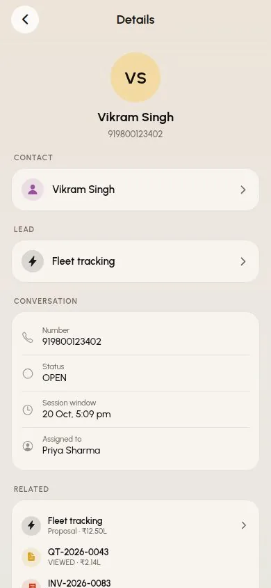 WhatsApp conversation details in the SalesTub mobile app, linked to the contact, the lead and a quotation